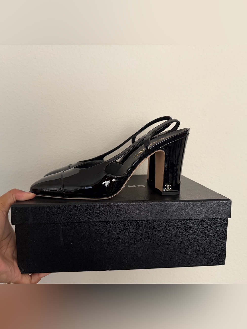 CHANEL Black Patent Leather Slingback Block Heels